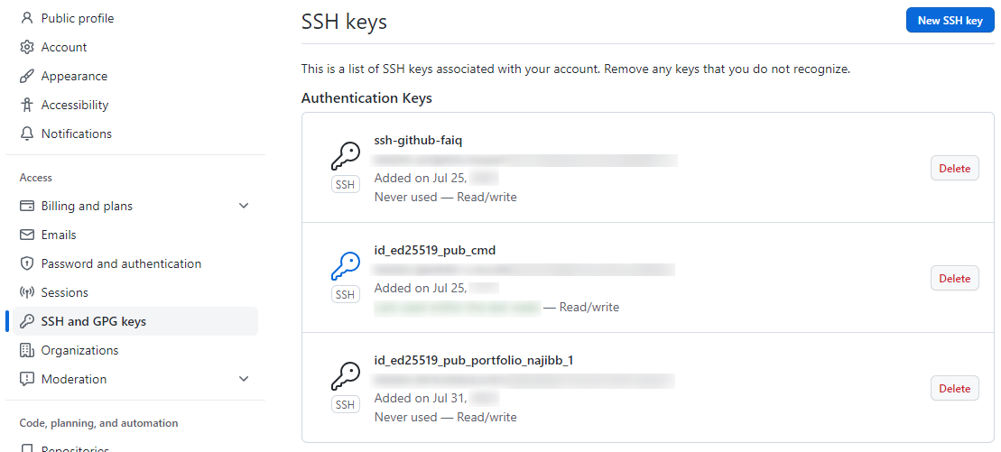 pengaturan kunci ssh pada akun GitHub