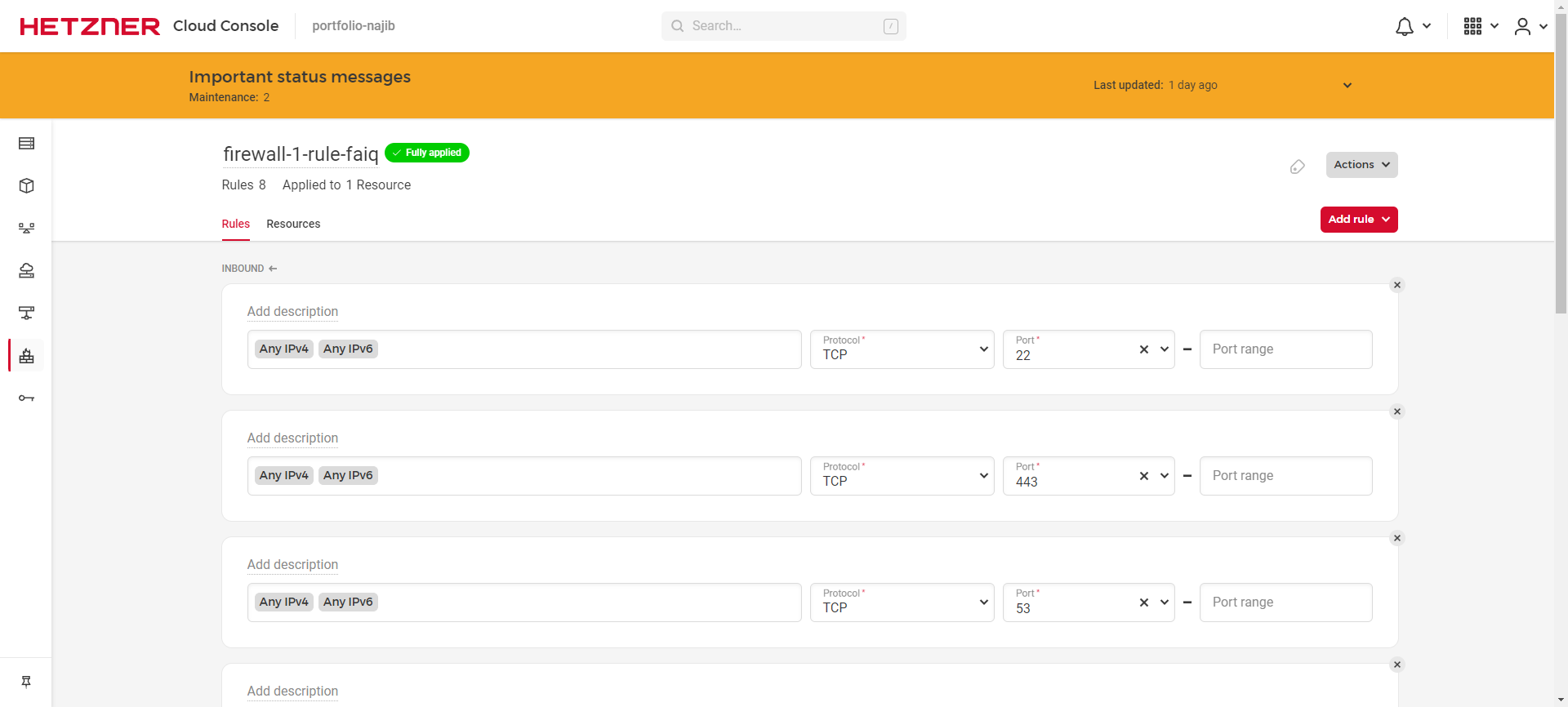 Contoh tampilan firewall pada dashboard akun cloud Hetzner