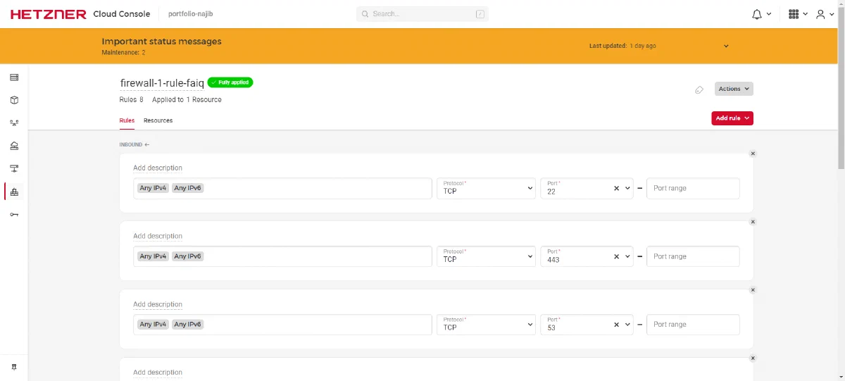 Contoh tampilan firewall pada dashboard akun cloud Hetzner